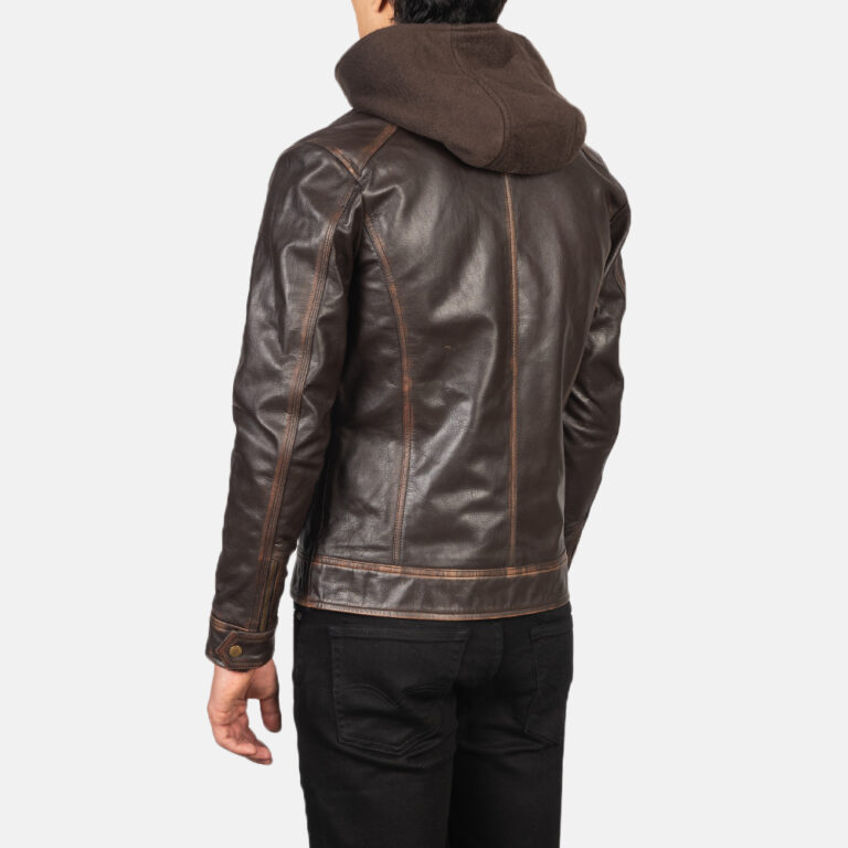 Mens Hector Vintage Brown Hooded Leather Biker Jacket Tilted Back-8-1634133121591
